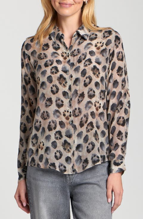 Abstract Print Roll Tab Sleeve Chiffon Button-Up Shirt