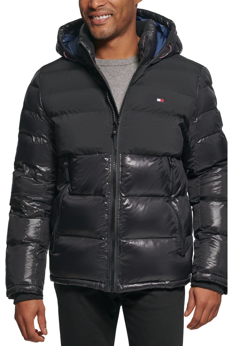Matte & Shine Puffer Jacket, Main, color, BLACK
