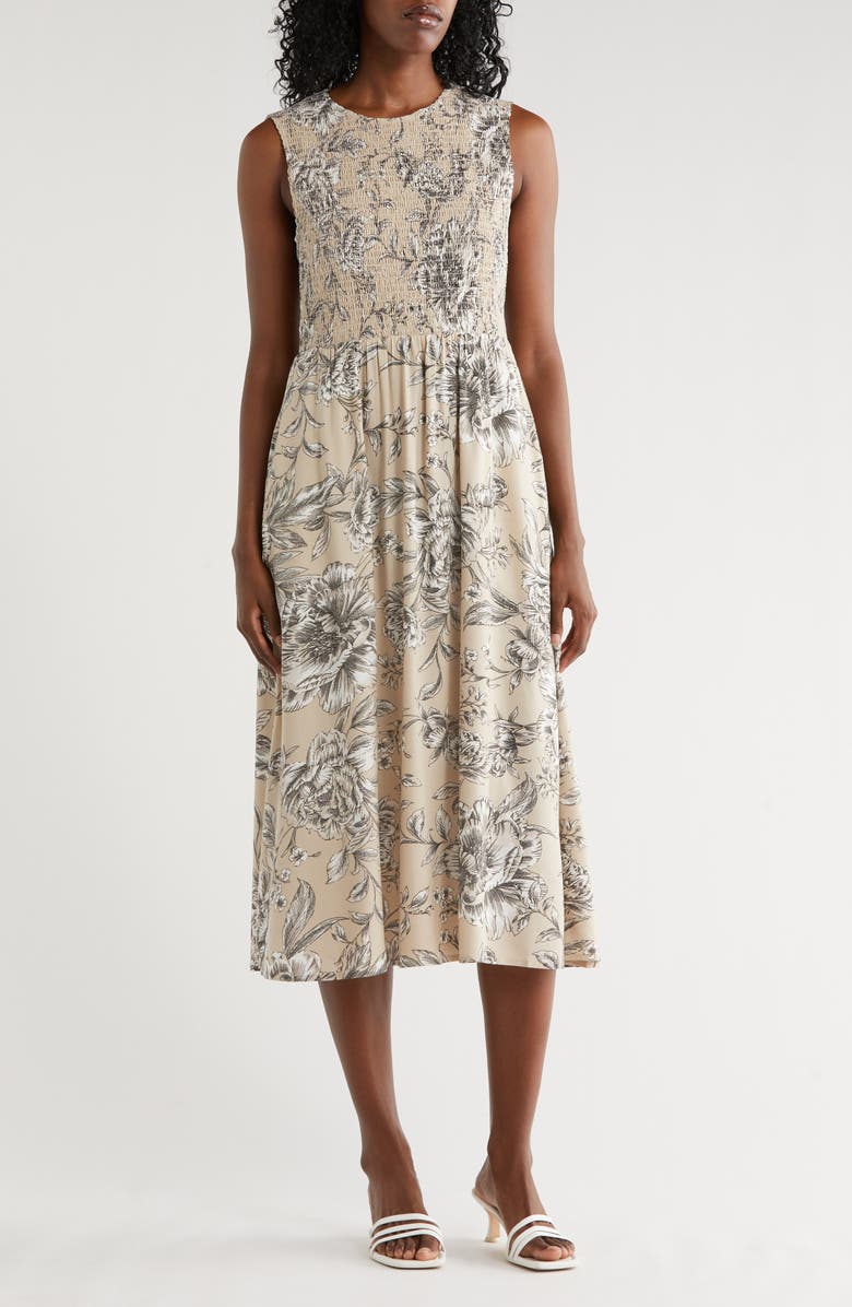Calvin Klein Floral Sleeveless Smocked Fit & Flare Midi Dress, Main, color, Taupe Multi