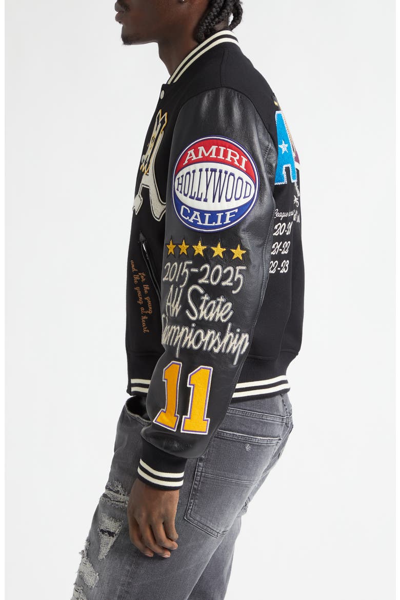 Varsity Patch Wool Blend & Leather Jacket, Alternate, color, BLACK