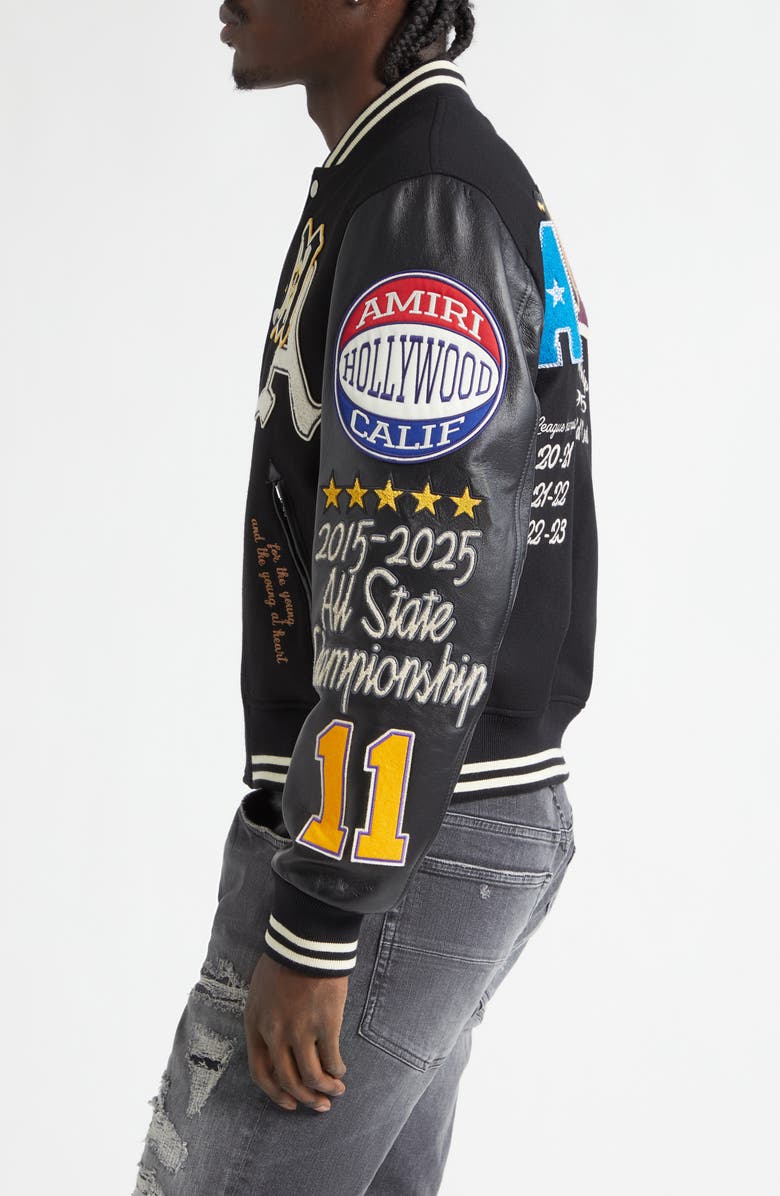 AMIRI Varsity Patch Wool Blend & Leather Jacket, Alternate, color, Black