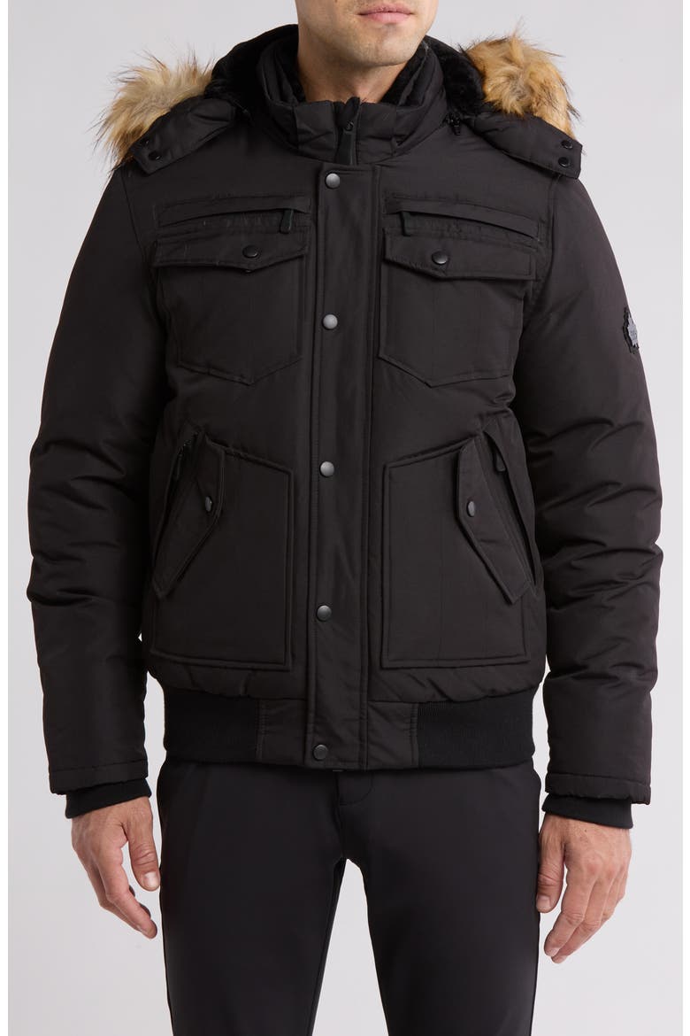 Faux Fur Trim Bomber Jacket, Main, color, BLACK/RACCOON