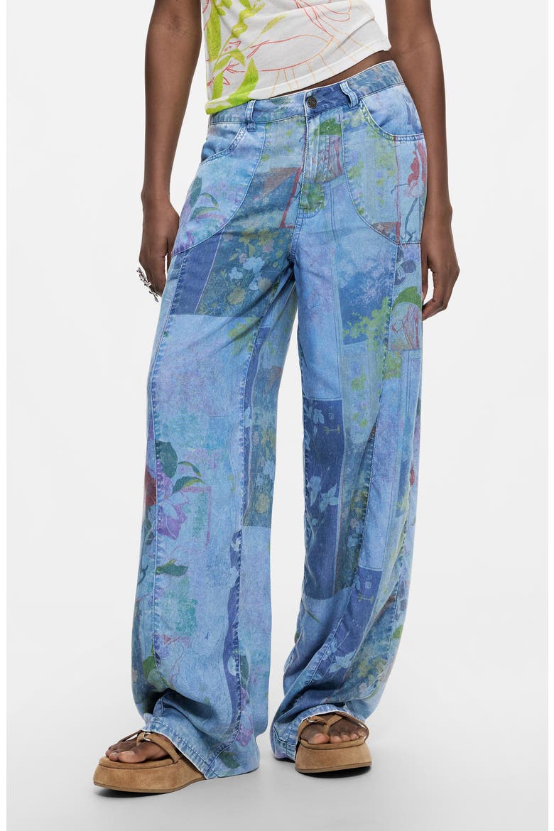 Mixed Print Denim Pants, Main, color, LIGHT BLUE