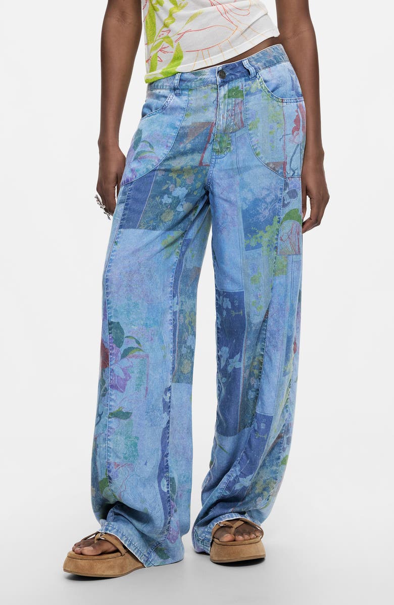 Desigual Mixed Print Denim Pants, Main, color, 
