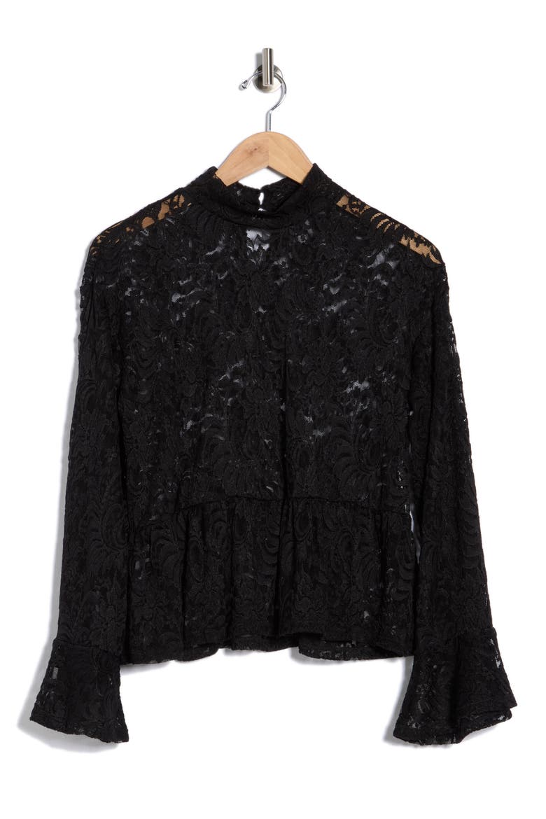 Ruffle Long Sleeve Lace Top, Alternate, color, BLACK