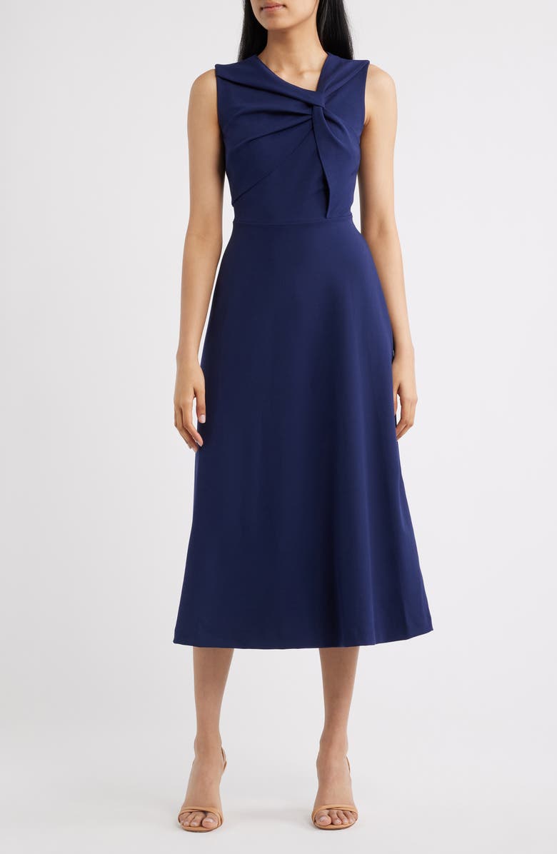Anne Klein Twist Neck A-Line Midi Dress, Main, color, Deeep Navy