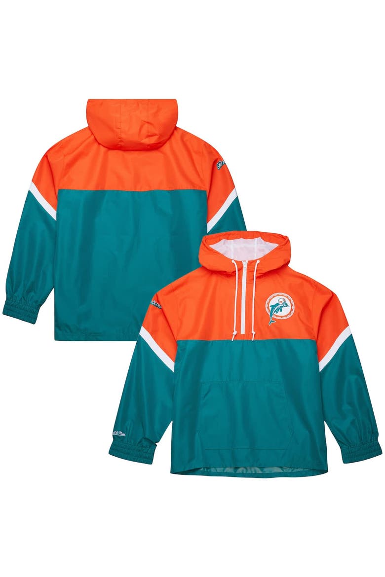 Men's Mitchell & Ness Orange/Aqua Miami Dolphins Tie Breaker Vintage Logo Lightweight Anorak Half-Zip Windbreaker, Main, color, Orange