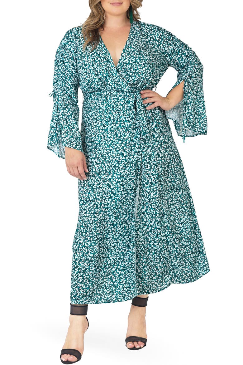 Ruched Long Sleeve Wrap Maxi Dress, Alternate, color, GREEN LEOPARD