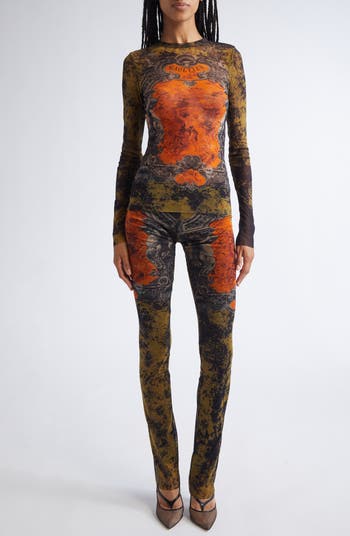 Medallion Print Long Sleeve Mesh Top