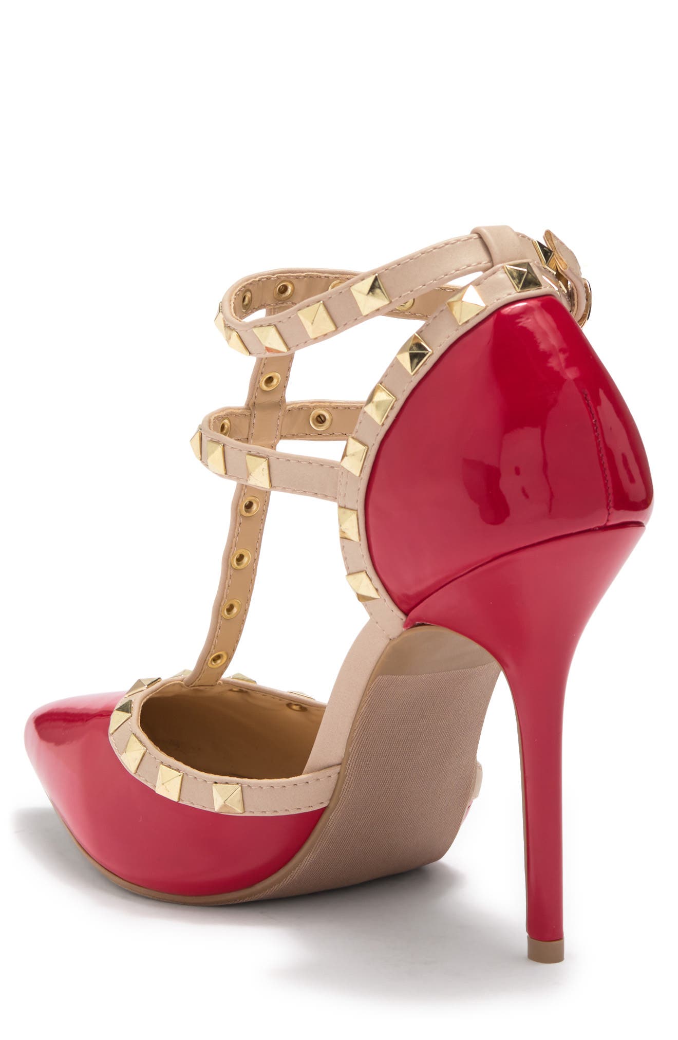 Studded T-Strap Stiletto Pump, Alternate, color, RED