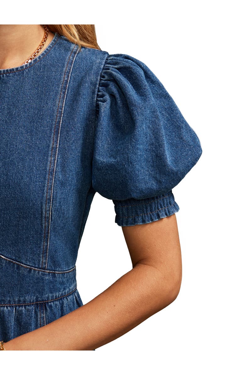 Ro&Zo Denim Short Puff Sleeve Midi Dress, Alternate, color, Blue