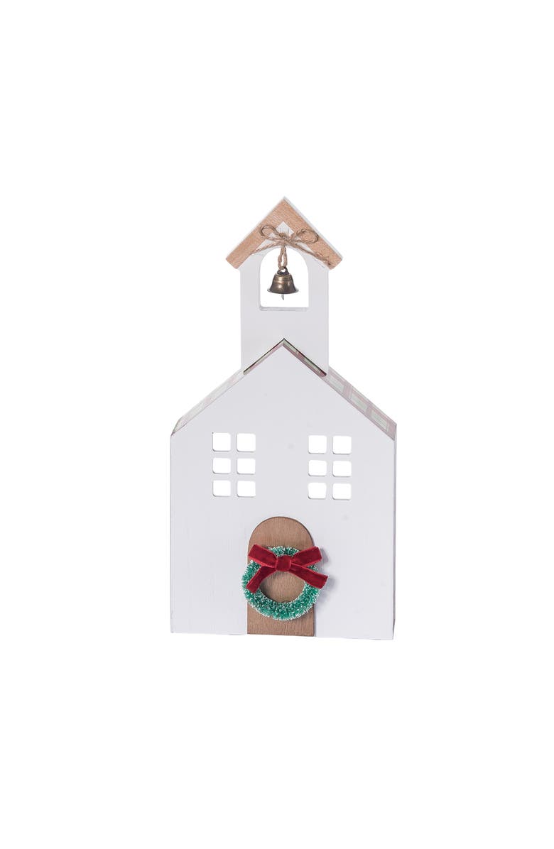 Transpac Holiday Plaid Church Block Decorative Object Red Wood Sculpture, Main, color, Red