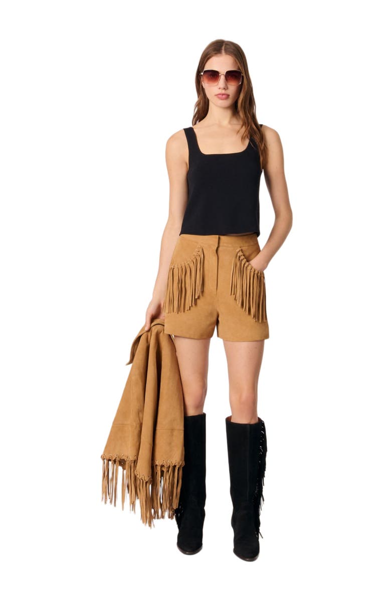 maje Fringed leather shorts, Alternate, color, 