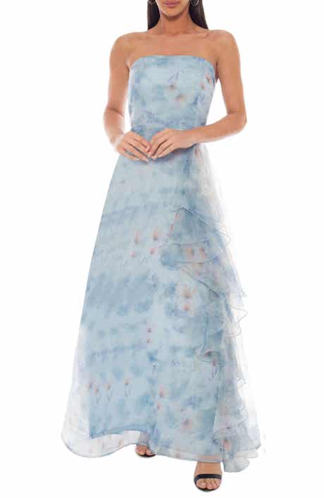 Oleg Cassini Floral Print Strapless Organza Dress