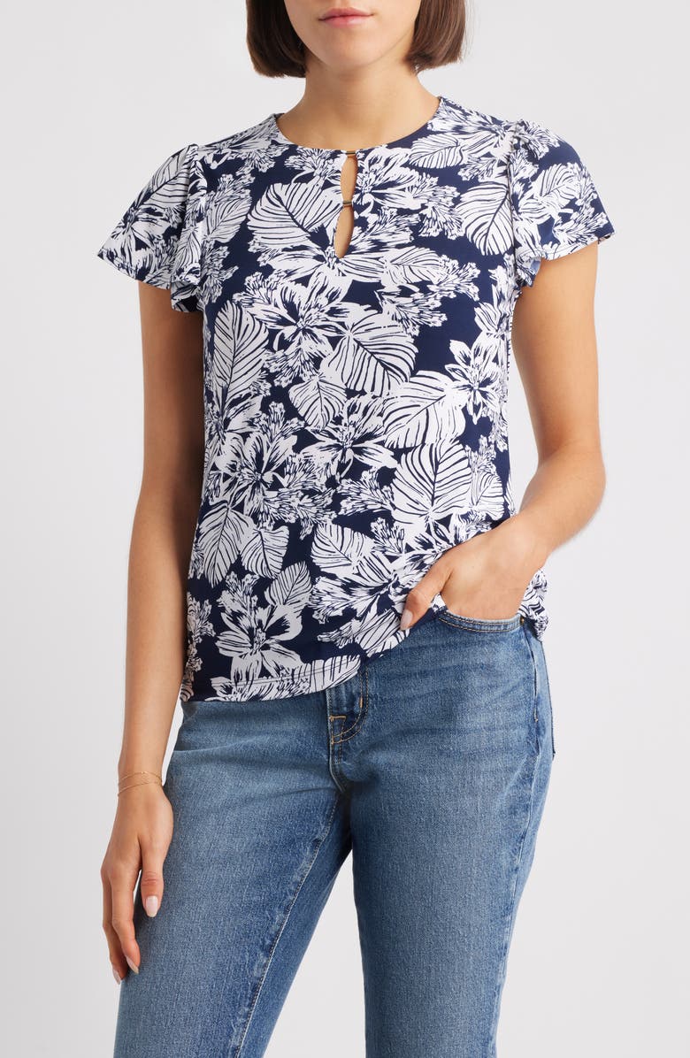 Jones New York Front Print Flutter Sleeve Top, Main, color, 