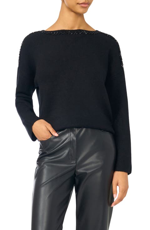 Bead Trim Boat Neck Sweater