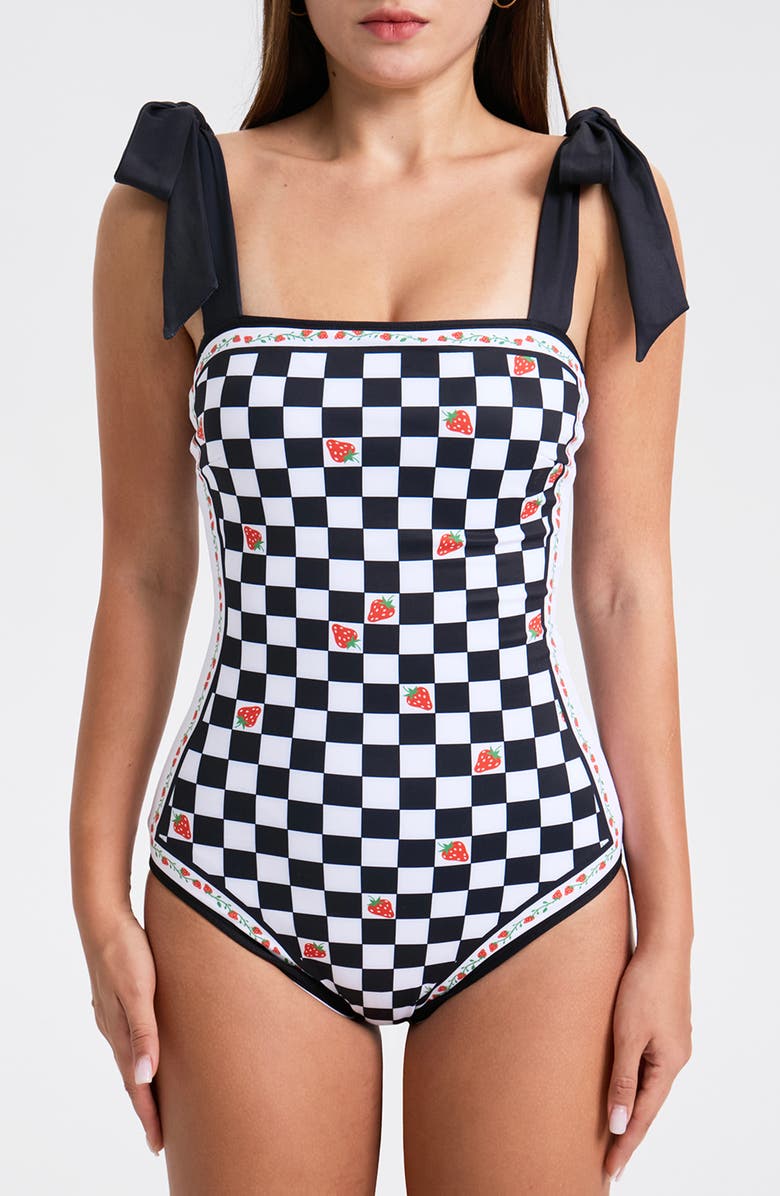 Jessie Zhao New York Checkerboard Imagination Reversible One-Piece Swimsuit, Main, color, Black