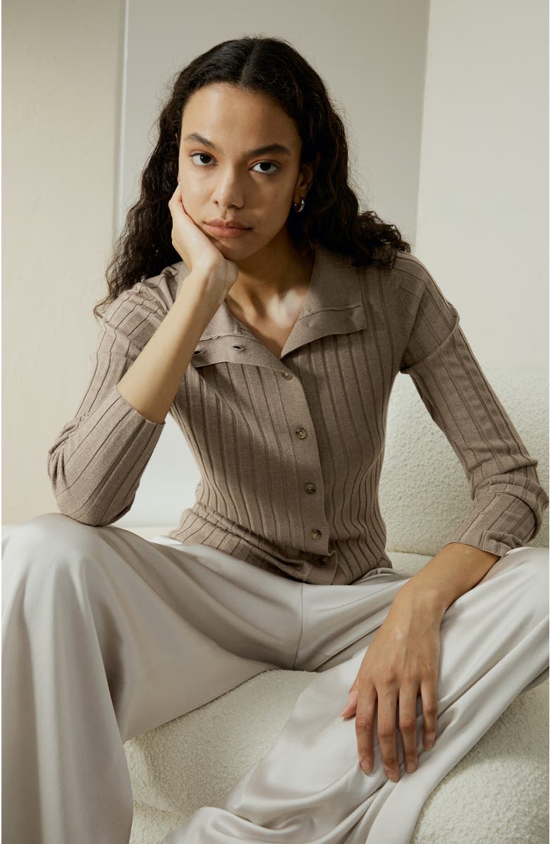 Lilysilk Ribbed Silk-Cashmere Blend Cardigan, Alternate, color, Brown