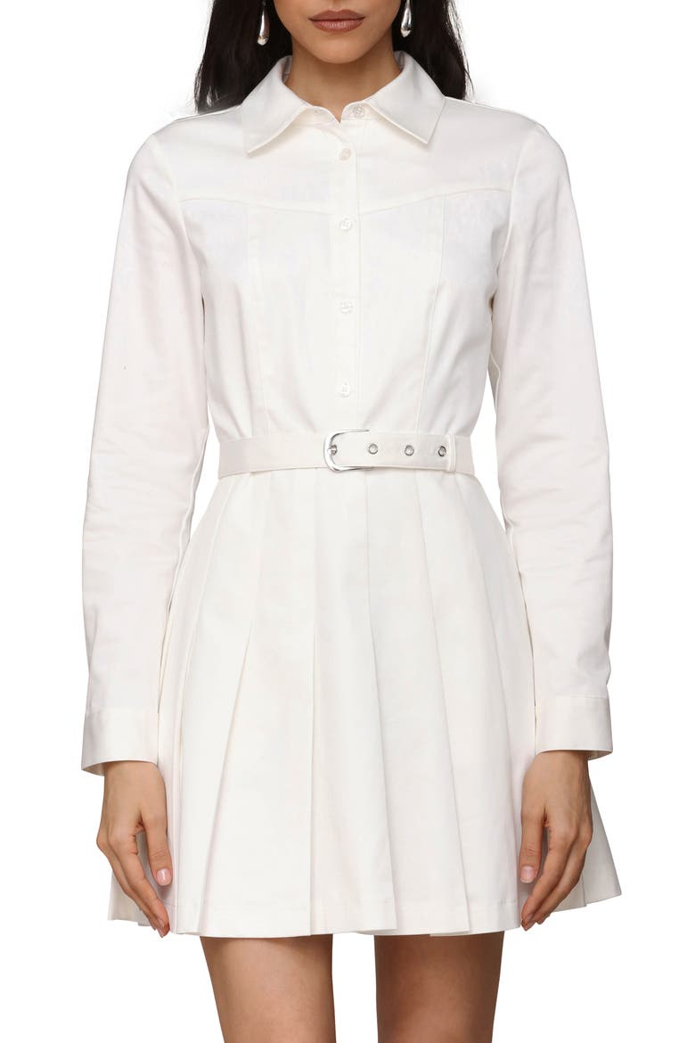 Pleated Belted Long Sleeve Cotton Blend Mini Shirtdress, Alternate, color, WHITE