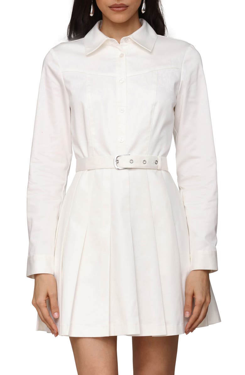 Avec Les Filles Pleated Belted Long Sleeve Cotton Blend Mini Shirtdress, Alternate, color, White