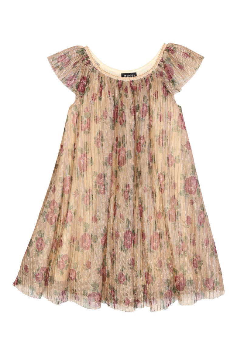 Kids' Floral Metallic Flutter Sleeve Dress, Main, color, WINE FLORAL