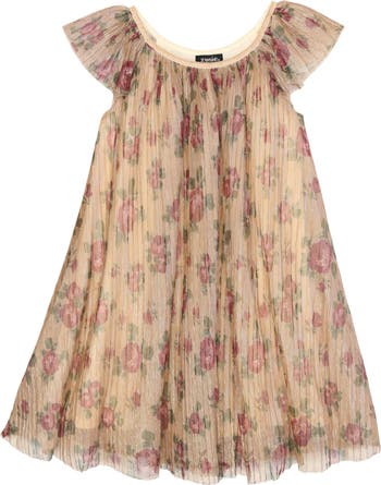 Kids' Floral Metallic Flutter Sleeve Dress