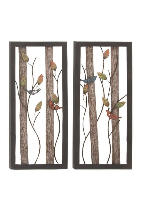 Black Metal Bird Wall Decor with Real Wood Detailing - Set of 2