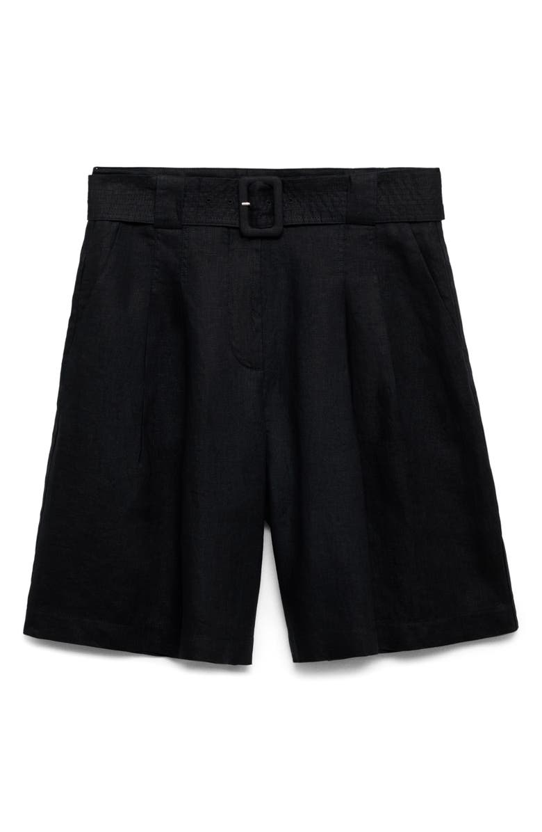 MANGO Samari Belted Linen Bermuda Shorts, Alternate, color, Black