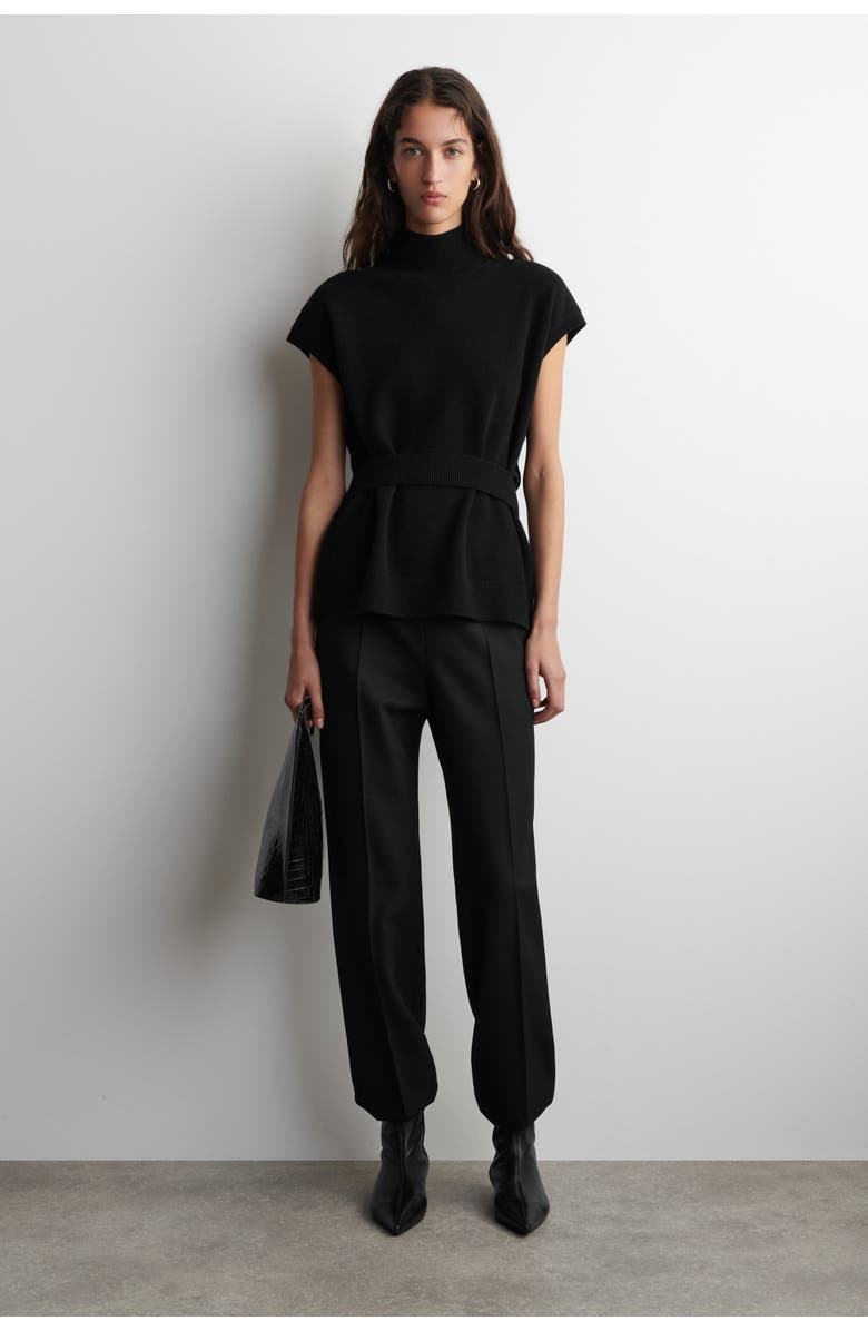 COS Belt-Detail Mock-Neck Wool Vest, Alternate, color, Black