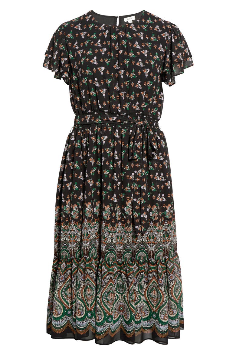 Floral & Paisley Mixe Print Flutter Sleeve Dress, Alternate, color, ALPINE GREEN