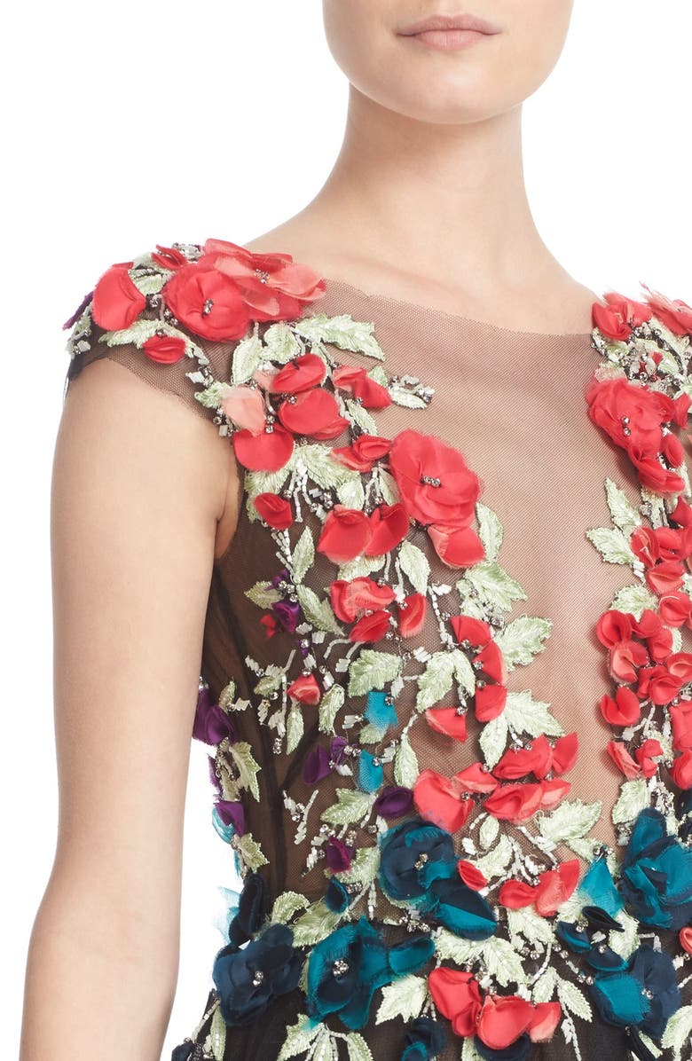 Marchesa Plunging V-Neck 3D Embellished Tulle Midi Dress, Alternate, color,