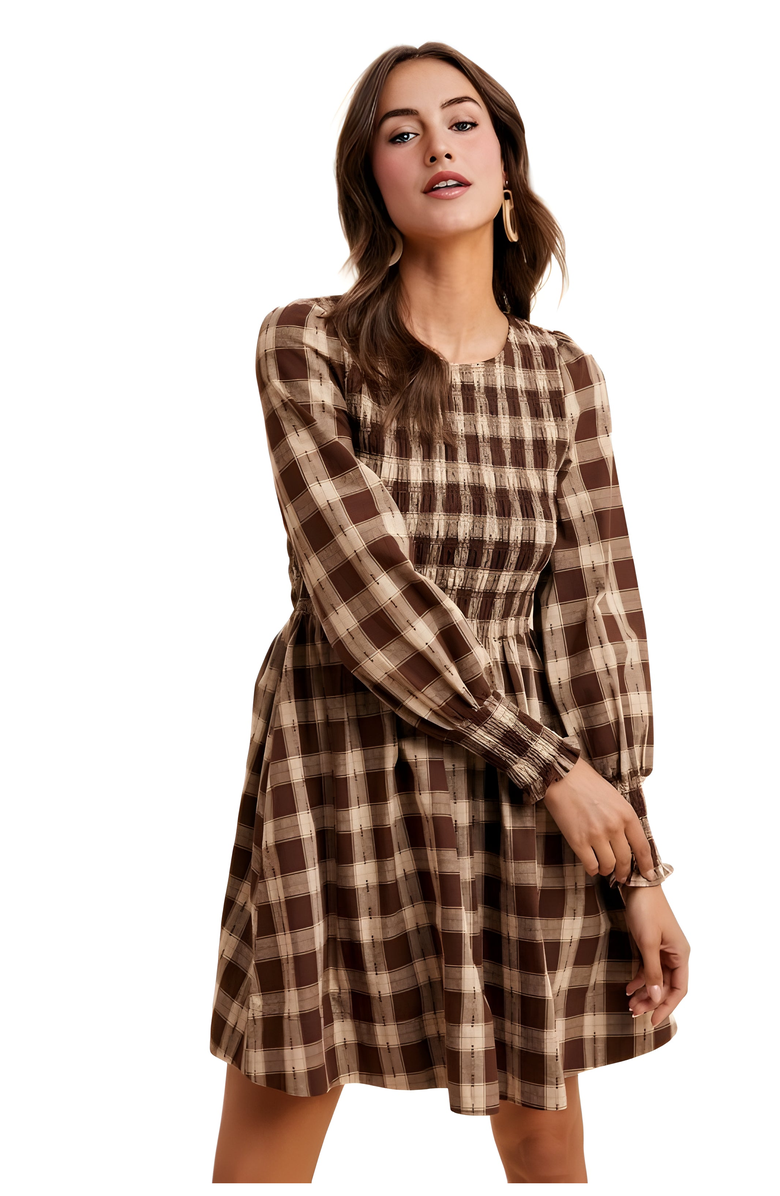 Knit and Lounge Smocked Plaid Long Sleeve Mini Dress, Alternate, color, 