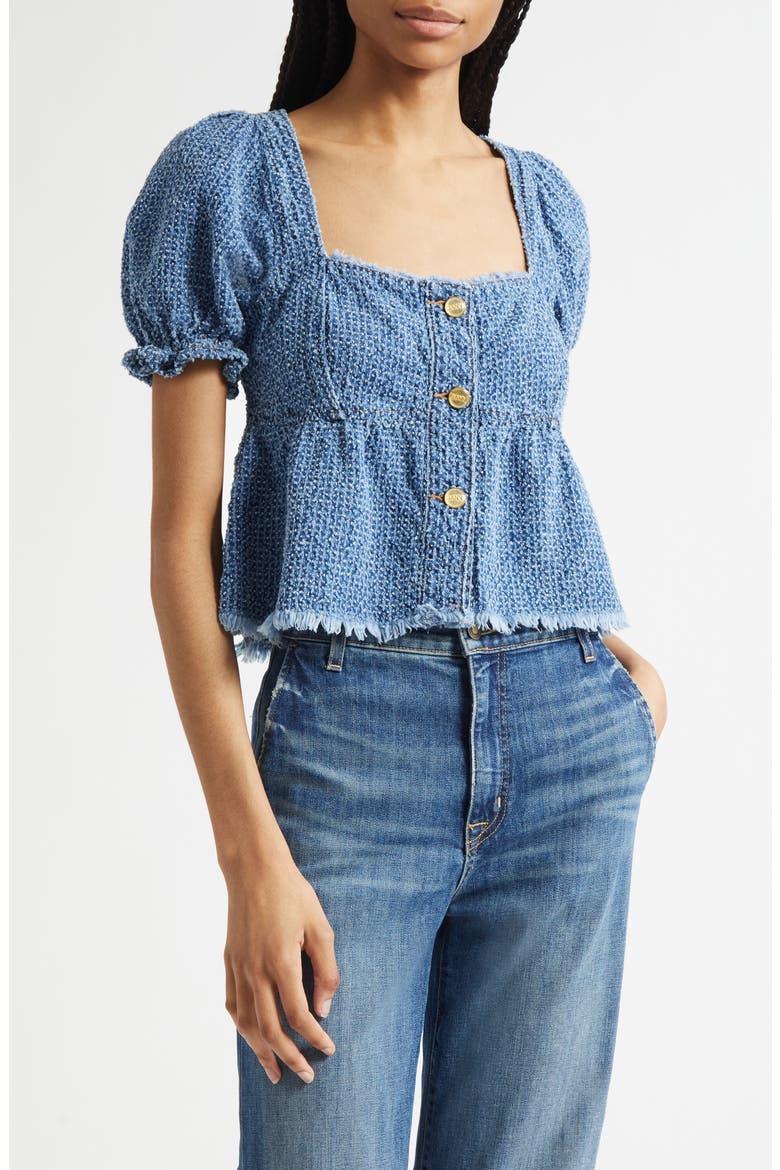 Fluffy Metallic Denim Top, Main, color, MID BLUE STONE