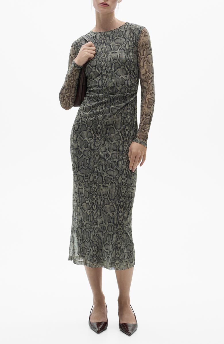 MANGO Snakeskin Print Long Sleeve Semisheer Mesh Midi Dress, Main, color, 