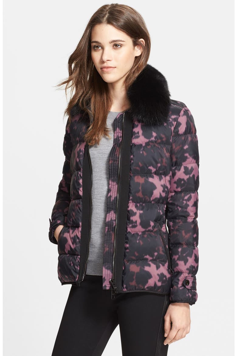 'Redbury' Print Down Jacket with Removable Genuine Fox Fur Collar, Main, color, DUSKY MAUVE
