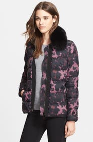 Burberry London 'Redbury' Print Down Jacket with Removable Genuine Fox Fur Collar