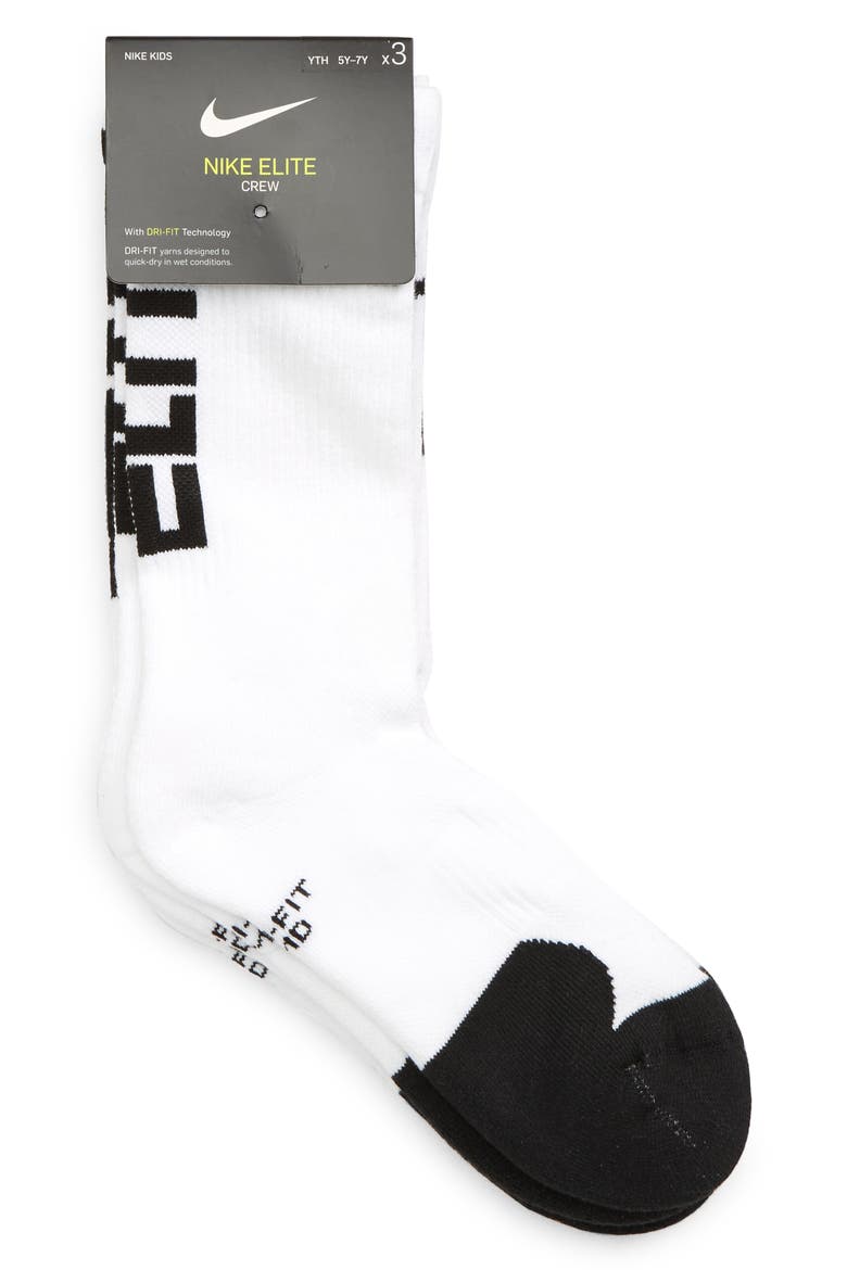 Kids' Assorted 3-Pack Dri-FIT Elite Crew Socks, Alternate, color, WHITE/BLACK