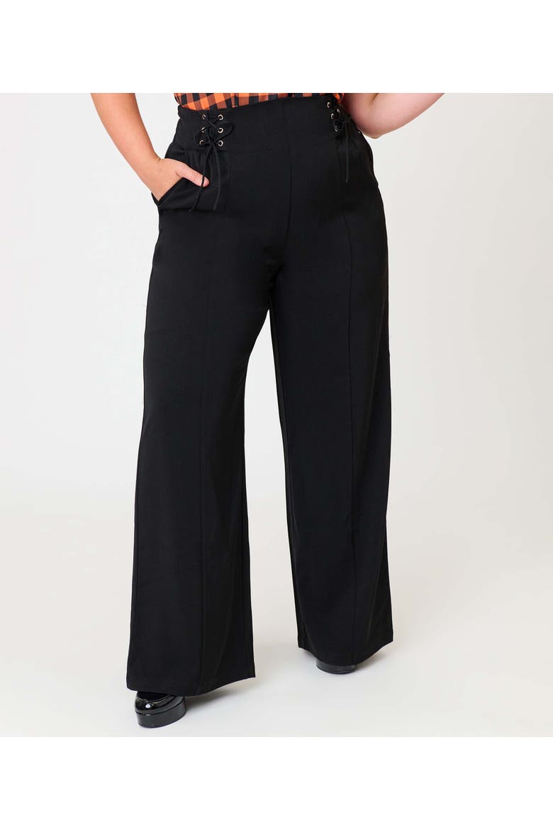 Plus Size Lace Up High Waist Trousers, Alternate, color, Black Solid
