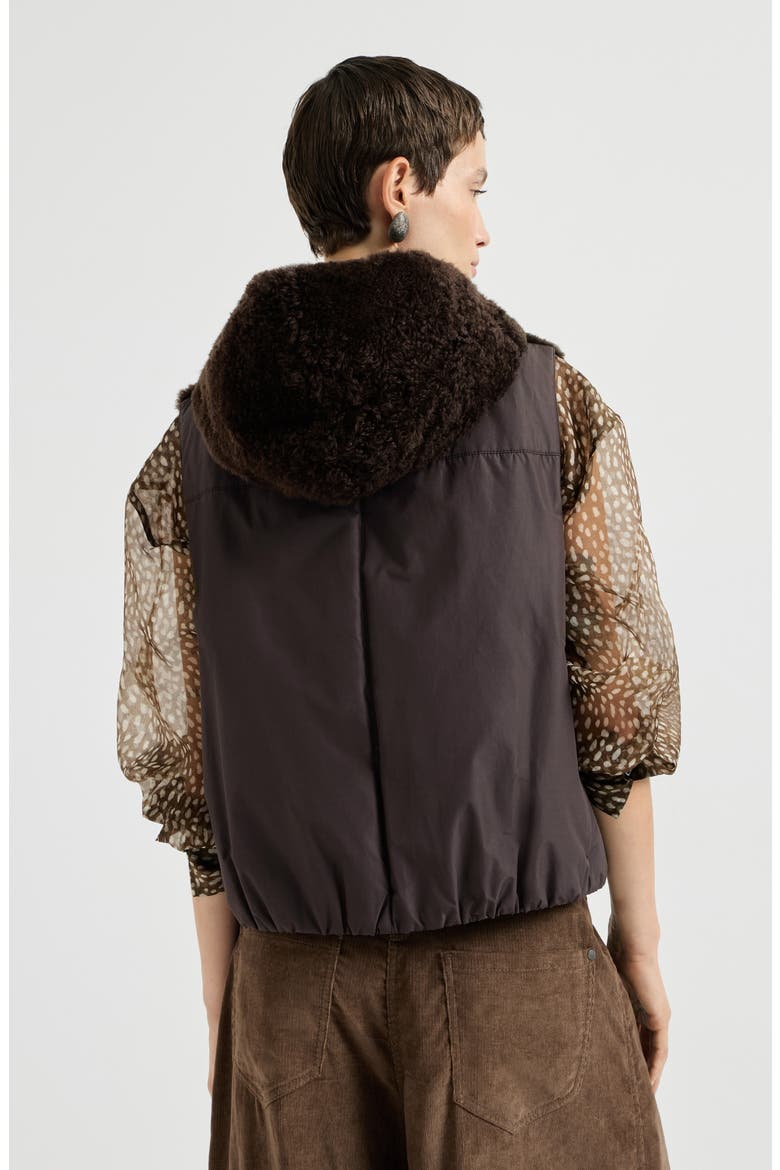 Cashmere shearling reversible hooded vest with precious trim, Alternate, color, Brown
