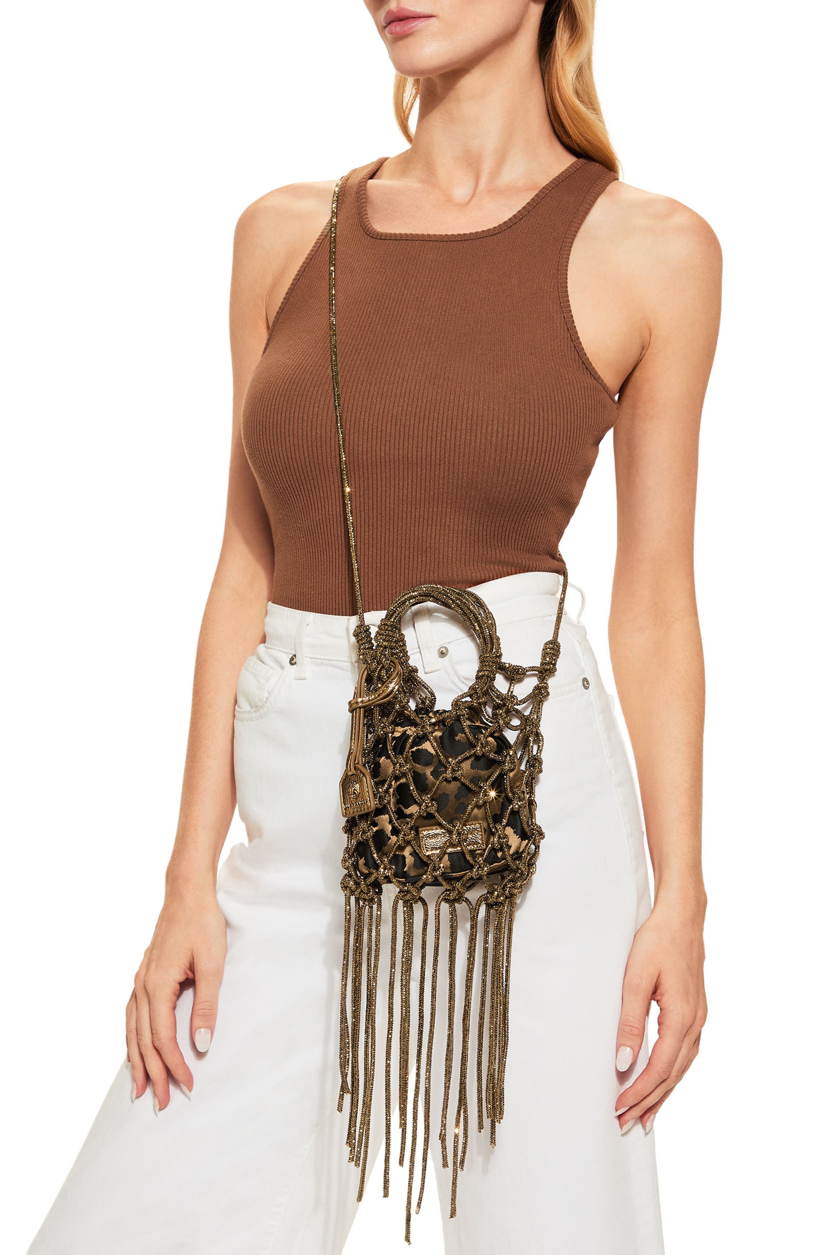 Kurt Geiger London Mini Macramè Crystal Drawstring Bag, Alternate, color, Open Brown