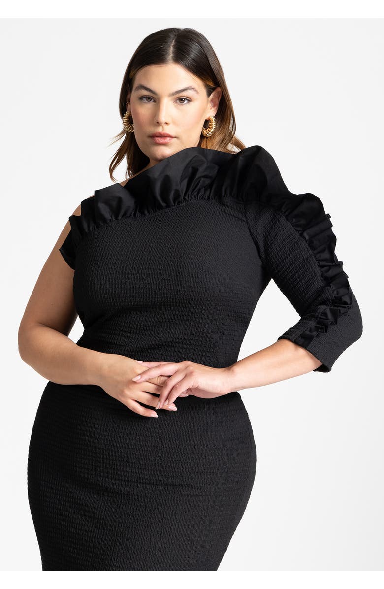 ELOQUII Popcorn Ruffle Column Dress, Alternate, color, Black Onyx