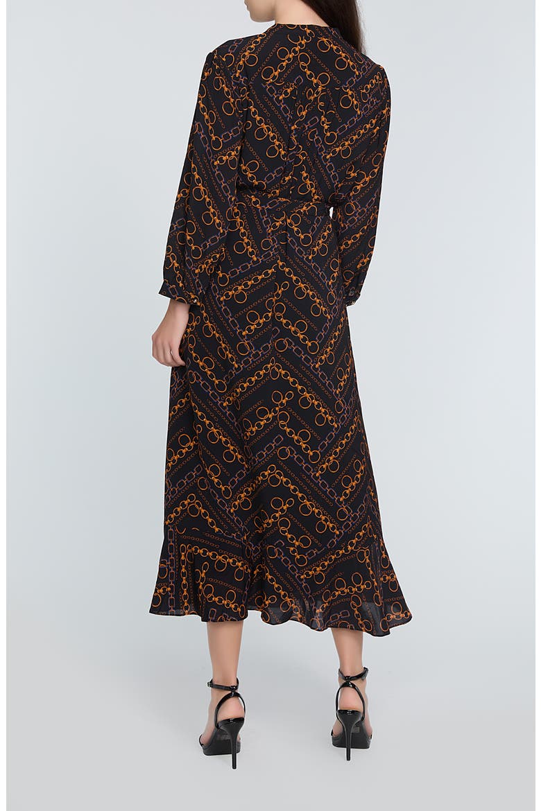 chain print pleated dress The Mila Chain Print Pleated Long Sleeve Stretch Silk Midi Dress (Women)