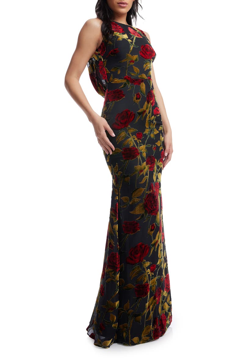 Cherilyn Floral Velvet Burnout Open Back Mermaid Gown, Alternate, color, BLACK MULTI