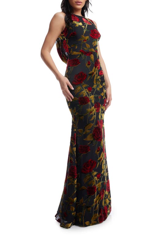 Dress The Population Cherilyn Floral Velvet Burnout Open Back Mermaid Gown In Black Multi
