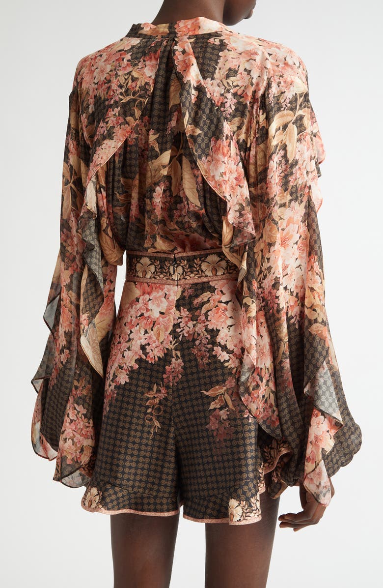 Zimmermann Tropical Floral Flutter Ruffle Tie Neck Top, Alternate, color, 