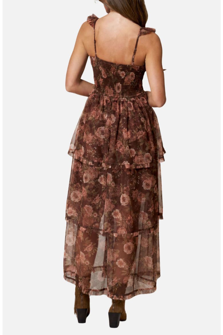 Floral Print Ruffle Strap Tiered Maxi Dress, Alternate, color, BROWN MULTI