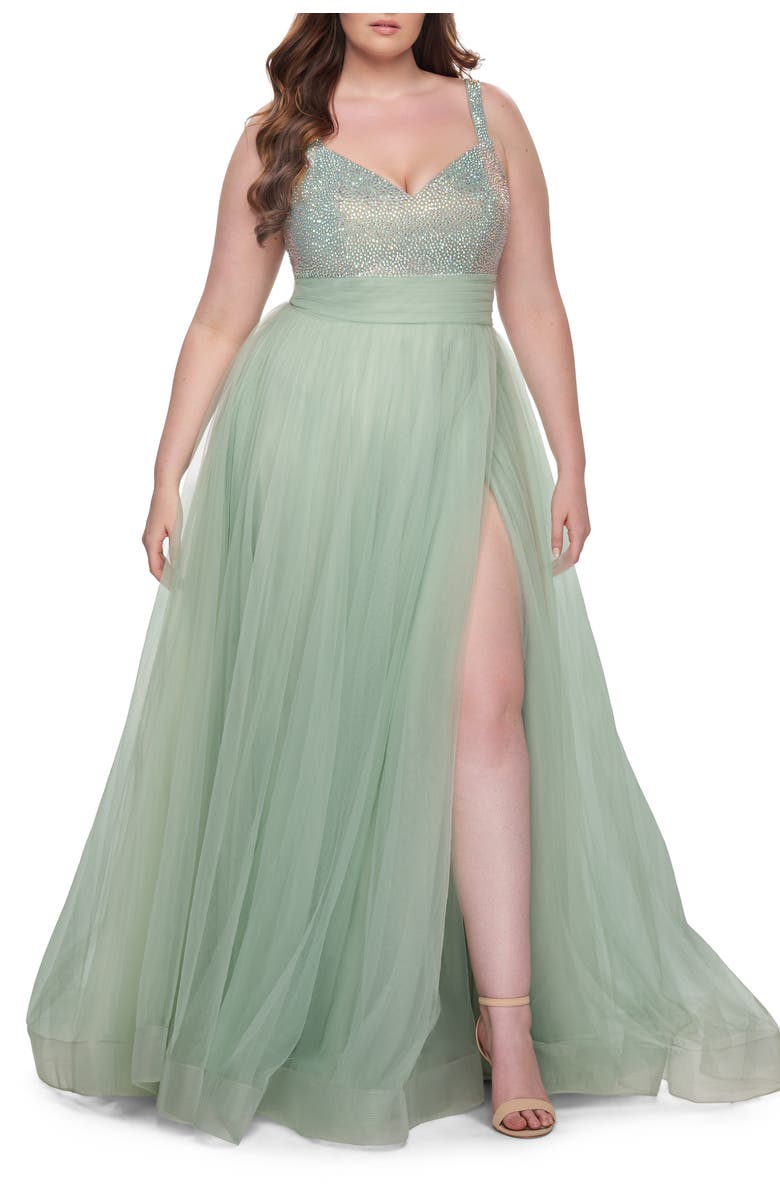 La Femme A-Line Plus Size Prom Dress with Rhinestone Bodice, Alternate, color, Sage