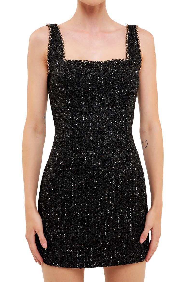 Chain Trim Tweed Minidress, Alternate, color, BLACK