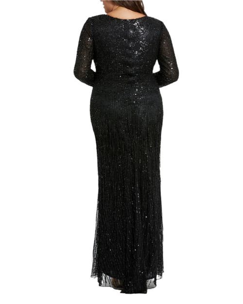 Mac Duggal Long Sleeve V Beck Beaded Fringe Gown In Black