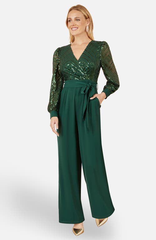 Yumi Sequin Wrap Over Jumpsuit In Green